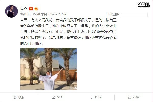 袁立微博截图,回应生子一事